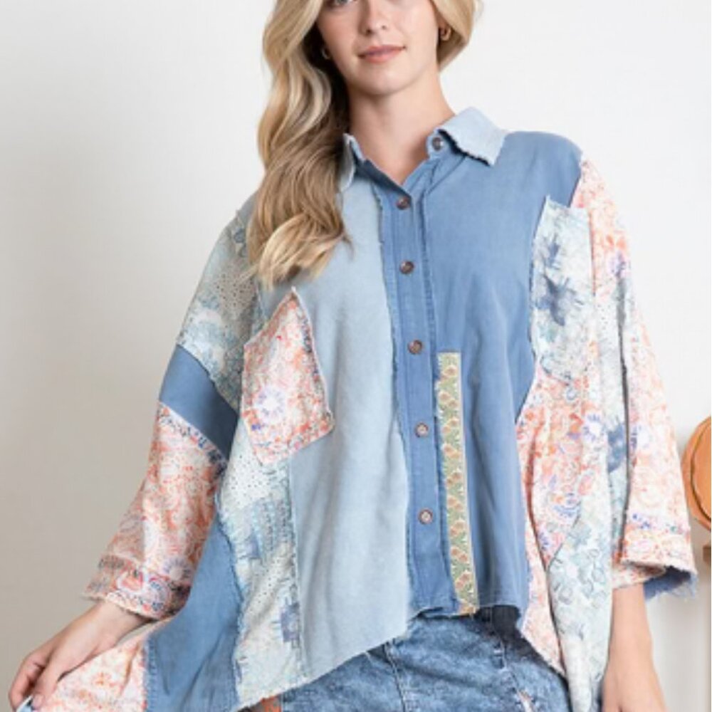 NWT LADIES SIZE S BLUE VELVET SHORT SLEEVE BUTTONED PATCHWORK OVERSIZED TOP